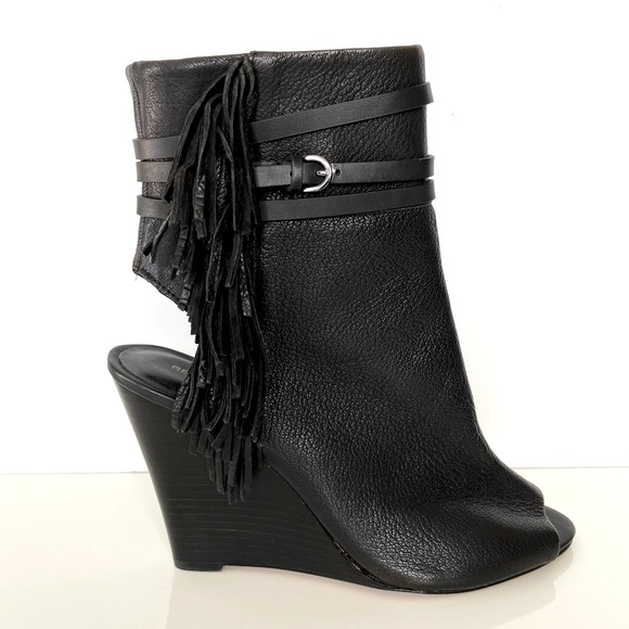 Rebecca Minkoff Black Fringe Stevie Peep Toe Wedge Booties Size 10 - Picture 4 of 15